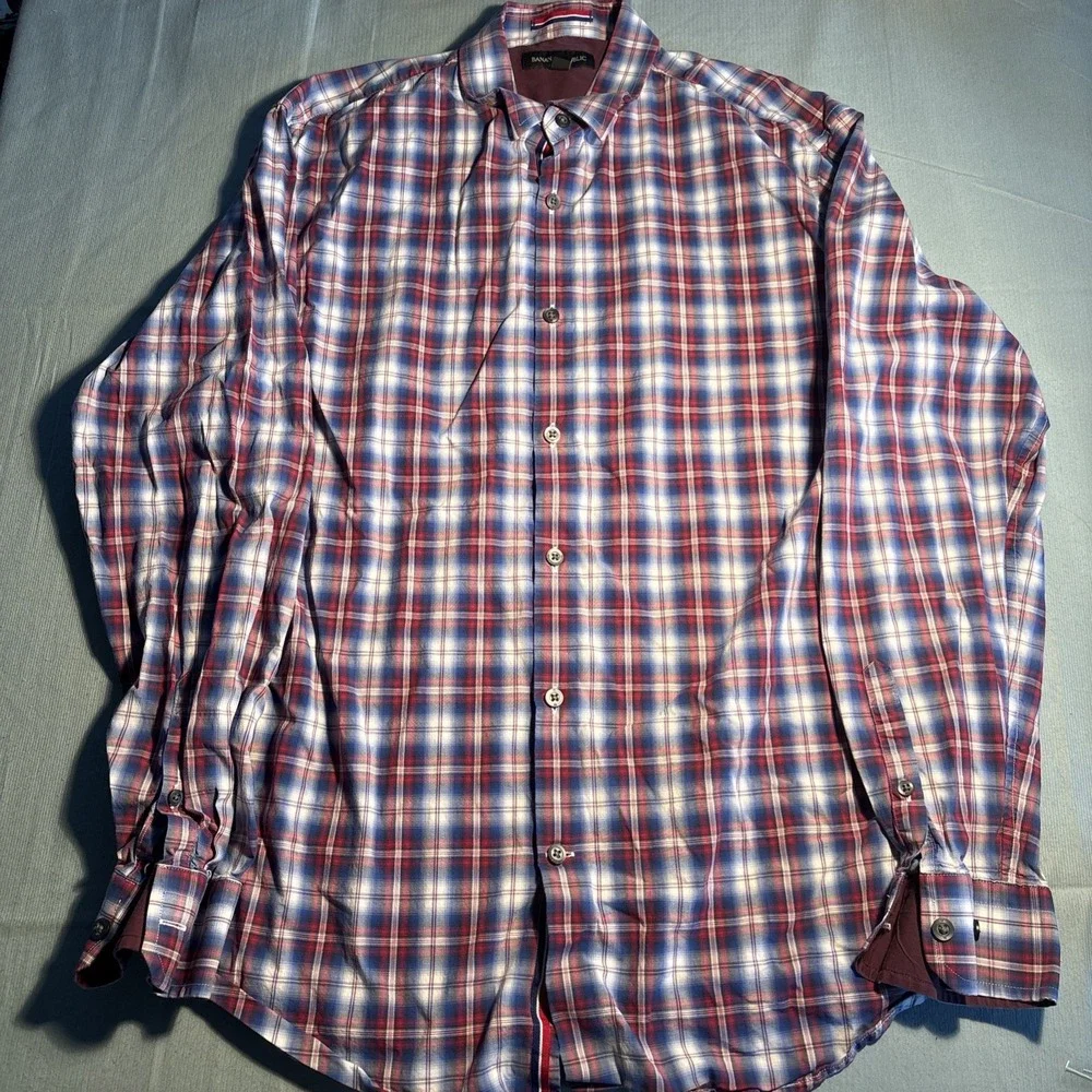 Banana Republic Mens Large Plaid Button Down Shirt Red White Blue Long Sleeve
